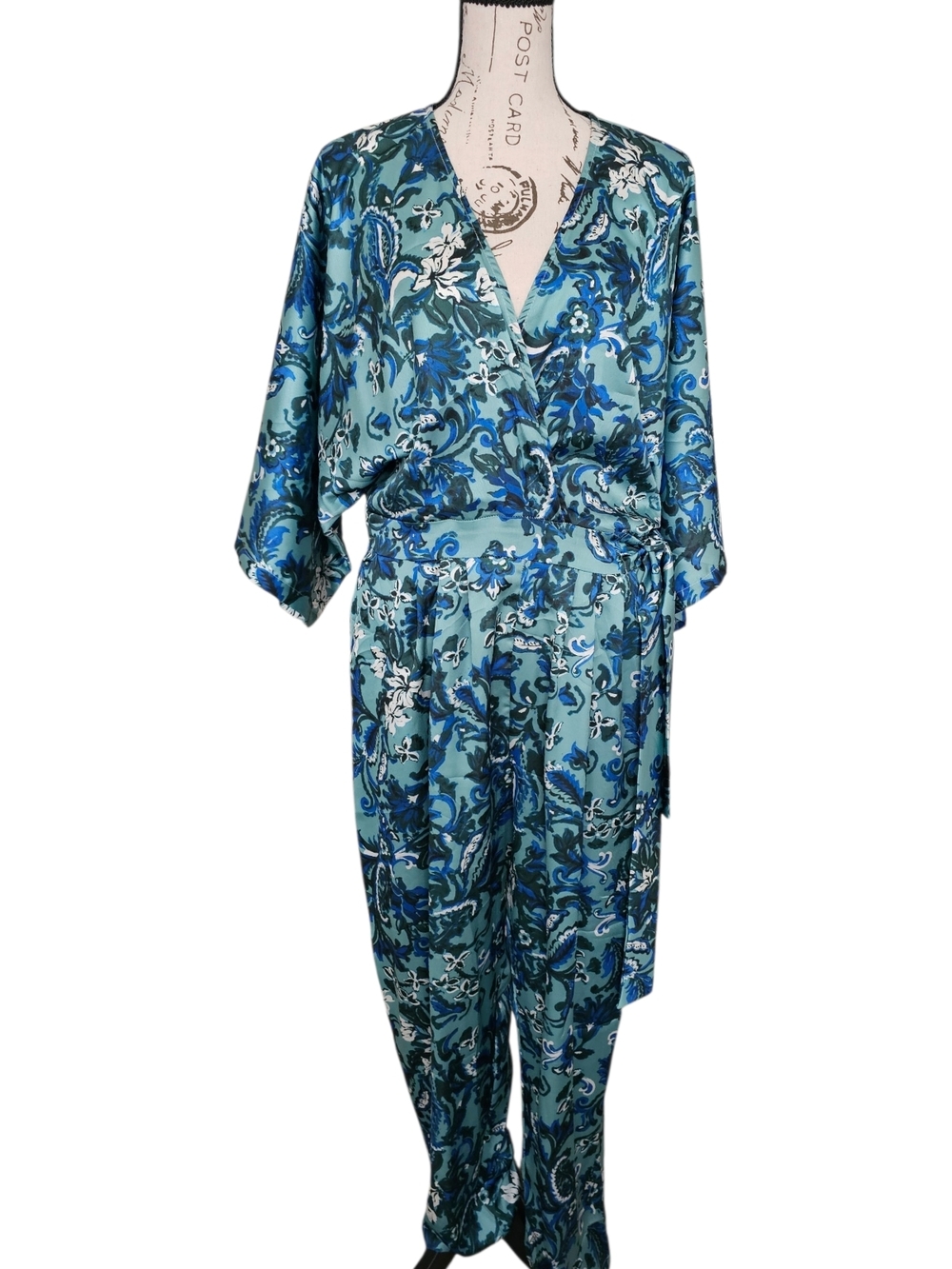 SHEIN Teal & Blue Floral Satin Jumpsuit